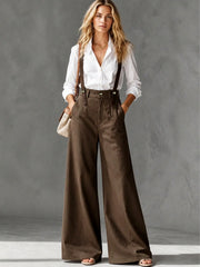 Coffee Brown Suspender Wide Leg Casual Pants