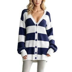 Navy White Wide Stripe Oversized Knit Cardigan V Neck Button Front Long Sleeve Loose Sweater Coat