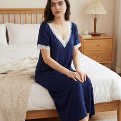 Elegant Ladies Midi Nightdress, Soft Modal V-Neck Lace Edge Short Sleeve Night Gown