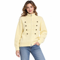Stand Collar Zip Up Knit Cardigan, Double Breasted Decorative Button Sweater Jacket