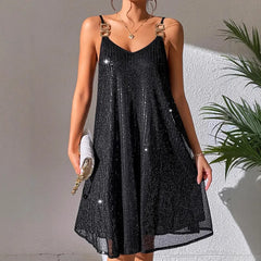 Black Sequin Chain Strap A-Line Mini Dress