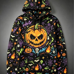 Halloween Black Cat Pumpkin Bat Moon Graphic Hoodie