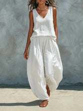 V Neck Sleeveless Vest & Elastic Waist Wide Leg Long Pants