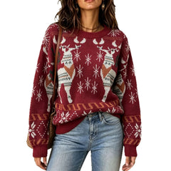 Reindeer Snowflake Jacquard Round Neck Pullover Sweater