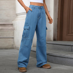 Mid-Rise Solid Color Denim Wide Leg Cargo Workwear Jeans