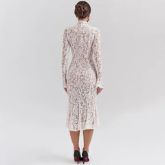 White Lace High Neck Midi Dress Long Sleeve Bodycon Mermaid Dress