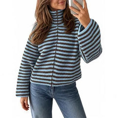 Striped Half Zip Turtleneck Knit Sweater Long Sleeve Cropped Ribbed Pullover