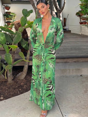 Deep V Neck Green Patchwork Print Maxi Dress