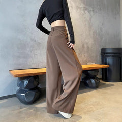 Matching Flowy Linen Look Mid Waist Pleated Wide Leg Straight Commuter Casual Long Pants
