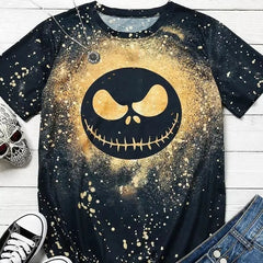 Halloween Skull Face Print Crew Neck Short Sleeve T‑Shirt