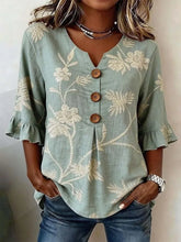 3D Floral Print Small V-Neck Button Front Petal 3/4 Sleeve Casual Blouse
