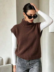 Coffee Brown High Neck Knit Sweater Vest