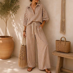 Vertical Stripe Lapel Shirt & Drawstring Wide Leg Pants