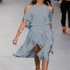 Solid Color Cold Shoulder Irregular Hem Maxi Dress