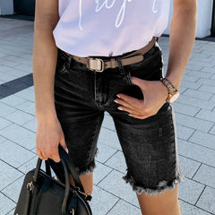 Frayed Raw Hem Denim Bermuda Shorts