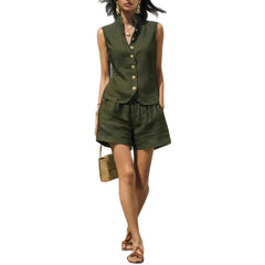Blue Stand-Collar Sleeveless Vest & High-Waisted Shorts Two-Piece Set