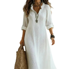 Solid Color Embroidered V-Neck Lantern Sleeve Loose Maxi Dress