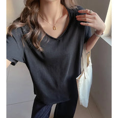Solid Color V-Neck Dropped Shoulder Loose Fit T-Shirt