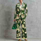 2 Piece Suit Green Tropical Leaf Print Notched Lapel Blazer & Flare Pants Elegant Office Matching Set