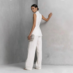 Stand Collar Sleeveless Linen Top & Wide Leg Pants 2 Piece Matching Set