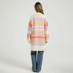 Multi Color Striped Long Open Knit Cardigan Long Sleeve Thumbhole Casual Sweater Coat