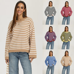 Bold Stripe Knit Pullover Crew Neck Drop Shoulder Loose Fit Fall Sweater