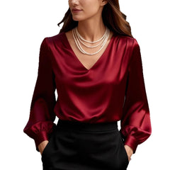 Solid V-Neck Long Puff Sleeve Elegant Blouse
