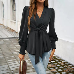 Wrap V-Neck Tie Waist Blouse