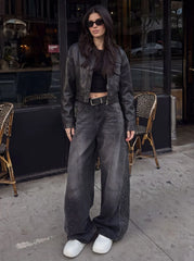 High Waist Rhinestone Spliced Loose Jeans