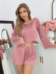 Pink Off Shoulder Lettuce Trim Long Sleeve 2 Piece Shorts Pajama Set