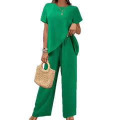 Ribbed Knit Asymmetrical Hem Top and Wide Leg Pants 2 Piece Set