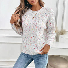 White Confetti Dot Knit Jumper, Relaxed Fit Round Neck Sweater