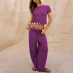 Beige Short-Sleeve Knit Top & Wide-Leg Pants Set