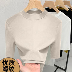 Solid Color Half High Neck Medium Sleeve Slim Fit T-Shirt