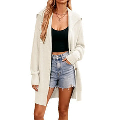 Waffle Knit Lapel Button Midi Pocket Cardigan Sweater