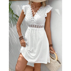 V Neck Eyelet Embroidery Ruffle Cap Sleeve Mini Dress