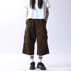 Elastic Waist Multi-Pocket Spliced Cargo Cropped Casual Pants