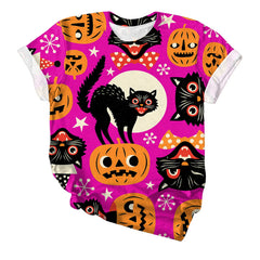 Halloween Black Cat Pumpkin Print Crew Neck Short Sleeve T‑Shirt