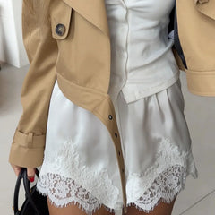 Lace Trim Satin High Waist Shorts