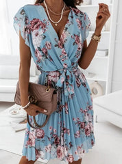 V-Neck Sleeveless Tie Waist Pleated Midi Dress
