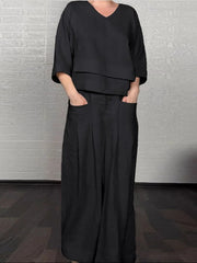 Loose V-Neck 2-Piece Outfit, Batwing Sleeve Top & Wide Leg Pants Set