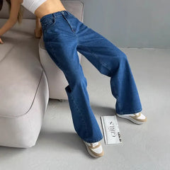 High Waist Stone Washed Dark Blue Slight Stretch Wide Leg Denim Long Jeans