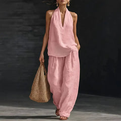Solid Halter Neck Sleeveless Top & Wide Leg Pants Two-Piece Set