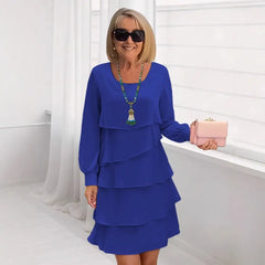 Solid Color Tiered Ruffle Long Sleeve Midi Dress