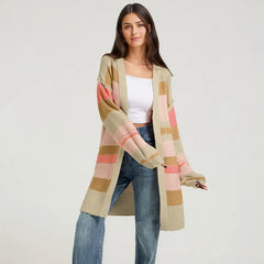 Multi Color Striped Long Open Knit Cardigan Long Sleeve Thumbhole Casual Sweater Coat