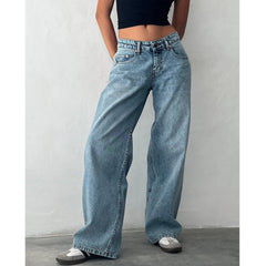 High Waist Stone Washed Retro Blue High Stretch Wide Leg Long Denim Jeans