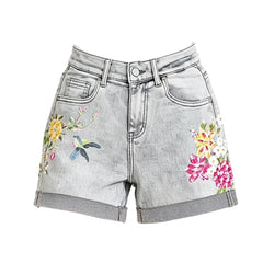 Boho Floral Bird Embroidered Denim Shorts
