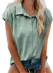 Casual Plaid Cap Sleeve Shirt Ladies Vintage Loose Fit Collared Blouse