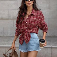 Wine Red Tartan Plaid Shirt, Oversized Longline Button Front Casual Blouse