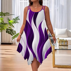 Wave Print Round Neck Double Spaghetti Strap Loose Irregular Hem Midi Dress